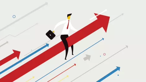 Businessman riding arrow