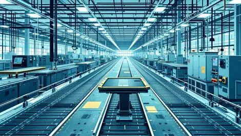 Empty electronics factory floor idle conveyor belts silent machinery tech supply chain disruption china