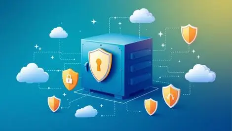 Secure data vault with floating cloud icons and shield symbols for cloud security