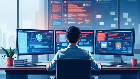 Digital illustration it security expert monitoring network shields alerts