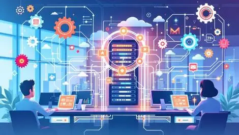 Illustration computer servers digital clouds flowing lines abstract data gears