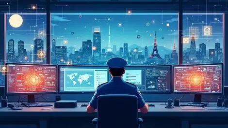 Japanese police officer monitoring multiple computer screens in high tech control room with digital threats and urban skyline