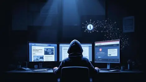 Person in hoodie at computer dark room fake websites digital fishing hook