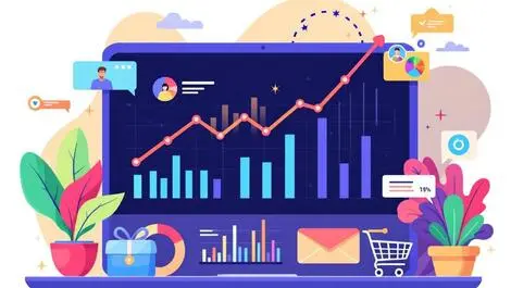Colorful dashboard rising graphs data charts users shopping carts growth analytics