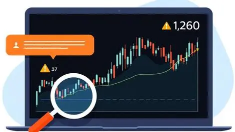 Financial trading screen market graphs alert signals magnifying glass analysis