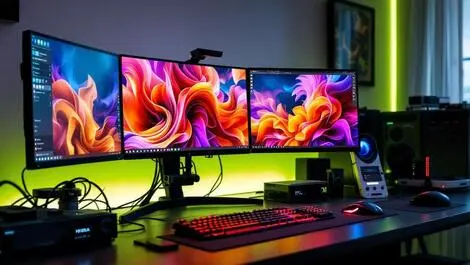 Powerful computer workstation multiple monitors ai digital art editing nvidia rtx graphics modern workspace
