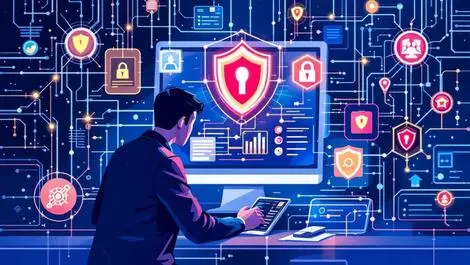 Realistic illustration cybersecurity professional analyzing network digital shields cables penetration testing assurance