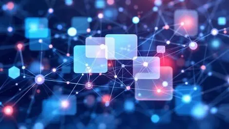 Stylized illustration interconnected nodes lines complex network graph technology data integration traceability