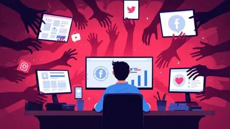 Digital content creator computer desk multiple screens social media icons online scams threats