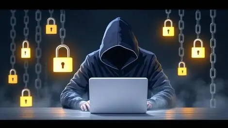 Hooded figure computer dark room digital locks chains cyber threats ransomware