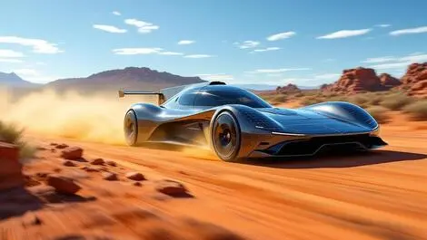 Solar powered race car speeding through australian outback rugged terrain