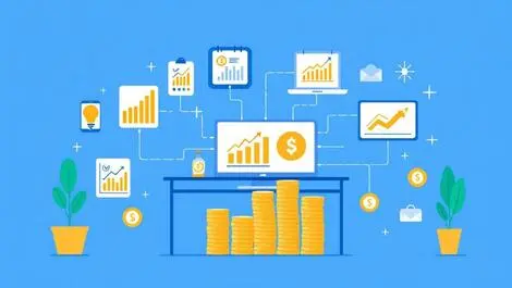 Illustration office workspace computers devices charts coins savings roi