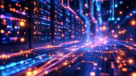 High tech server room glowing data lines clusters efficient flow