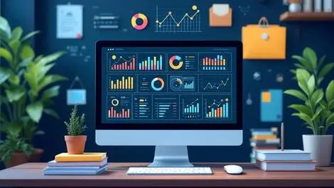 Office workspace computer screen charts graphs hr data management modern setup