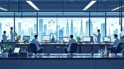 Scientists modern laboratory using computers molecular structures tokyo cityscape