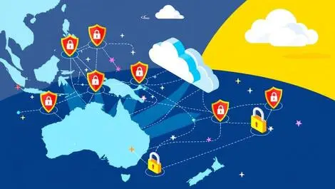 Interconnected computer servers cloud icons protective shields secure locks pacific island network