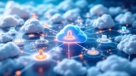 Interconnected digital data clouds network nodes central glowing hub