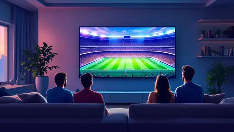 Modern living room large sleek tv showing vivid soccer stadium scene excited viewers