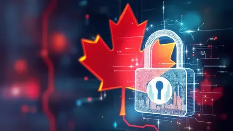 Secure digital lock canadian maple leaf cityscape cybersecurity infrastructure