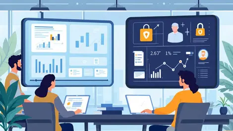 Software engineers analyzing application security with data charts shields modern office