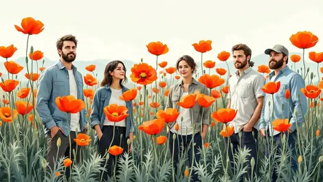 New zealand small business owners standing beside growing tall poppy flowers