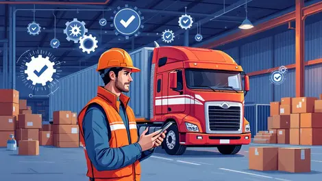 Canadian truck driver mobile device transport truck warehouse technical support gears checkmarks efficient operations