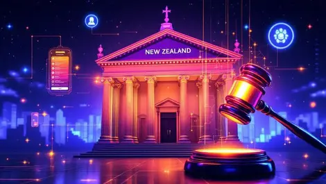 New zealand court building digital data streams glowing gavel ai legal research