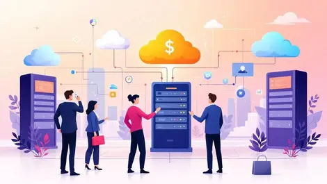 Business professionals collaborating computer servers cloud icons global partnership