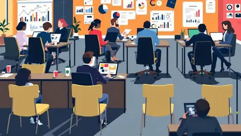 Busy office professionals working laptops discussing marketing charts fewer jobs