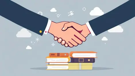 Professional handshake over legal documents with digital folders cloud icons modern law office collaboration