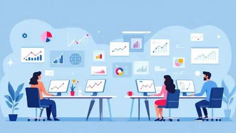 Uk office workers collaborating data graphs analytics icons monitoring dashboards