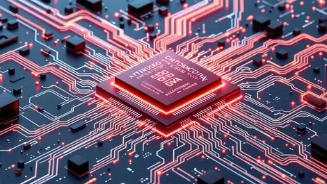 Detailed sleek microchip with radiating digital circuits networked data servers edge computing technological backdrop