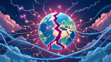 Fractured globe glowing network cables sparking storm clouds lightning