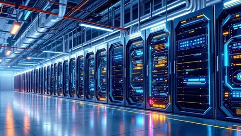 Modern supercomputer system detailed illustration server racks cooling lights