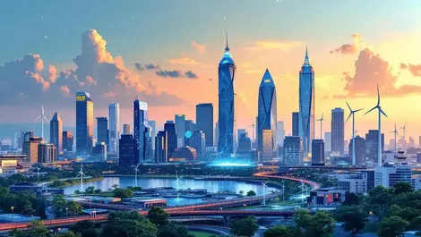 Modern indonesian city skyline digital renewable energy solar panels wind turbines ai neural networks