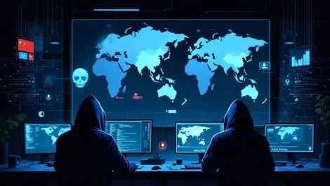 Hooded figures computers dark room cyber espionage asia pacific summits threats