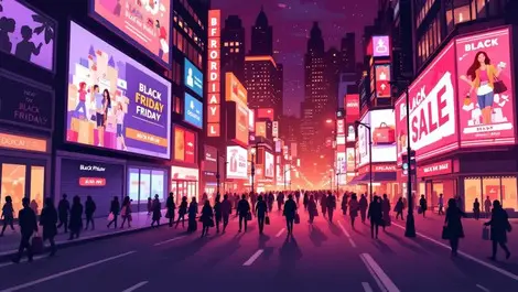 Busy urban street black friday sales crowds shopping bags city lights