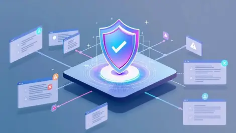 Shield icon over network application windows with alerts threat detection