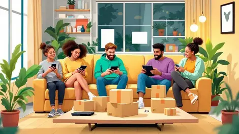 Modern living room young adults using multiple tech gadgets subscription boxes