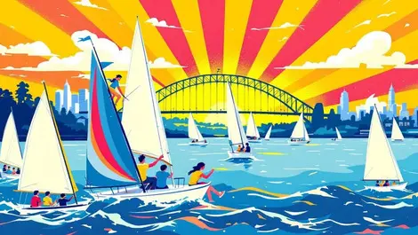Colorful sailing regatta on sydney harbour with racing teams and sunny sky