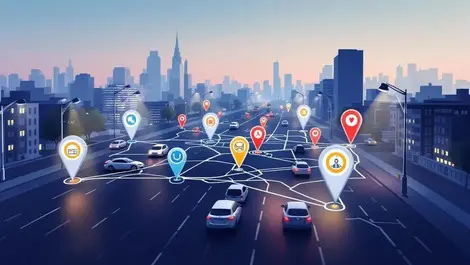 Cityscape illustration vehicles streetlights map markers urban monitoring management