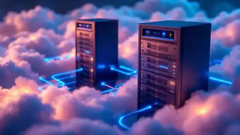 Hybrid cloud solutions secure data management server racks glowing cables