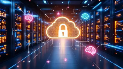 Modern cloud server room digital locks shields ai brain advanced security