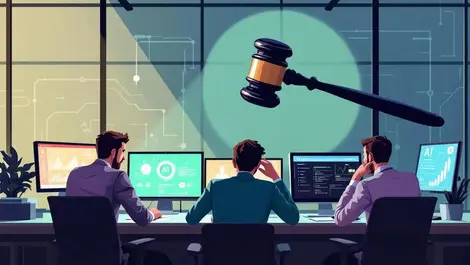 Anxious business professionals uk office ai interface legal risks gavel shadow