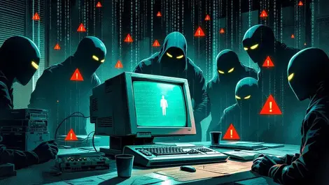 Old computer server cyber threats shadowy figures binary office vulnerability