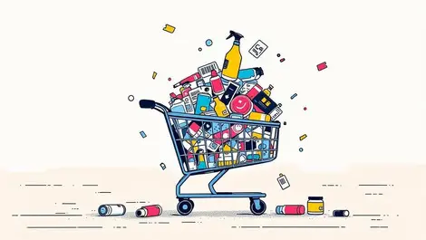 Piles duplicate product images labels overflowing shopping cart retail ecommerce content