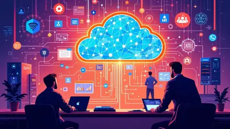 Professionals collaborating cloud ai neural network digital data streams business technology