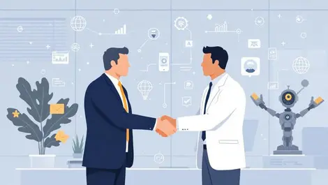 Professional office handshake businesspeople digital marketing ai network connections modern style