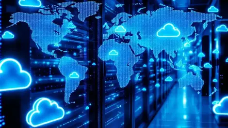 Server room glowing blue cloud icons digital connectivity europe emea australia map