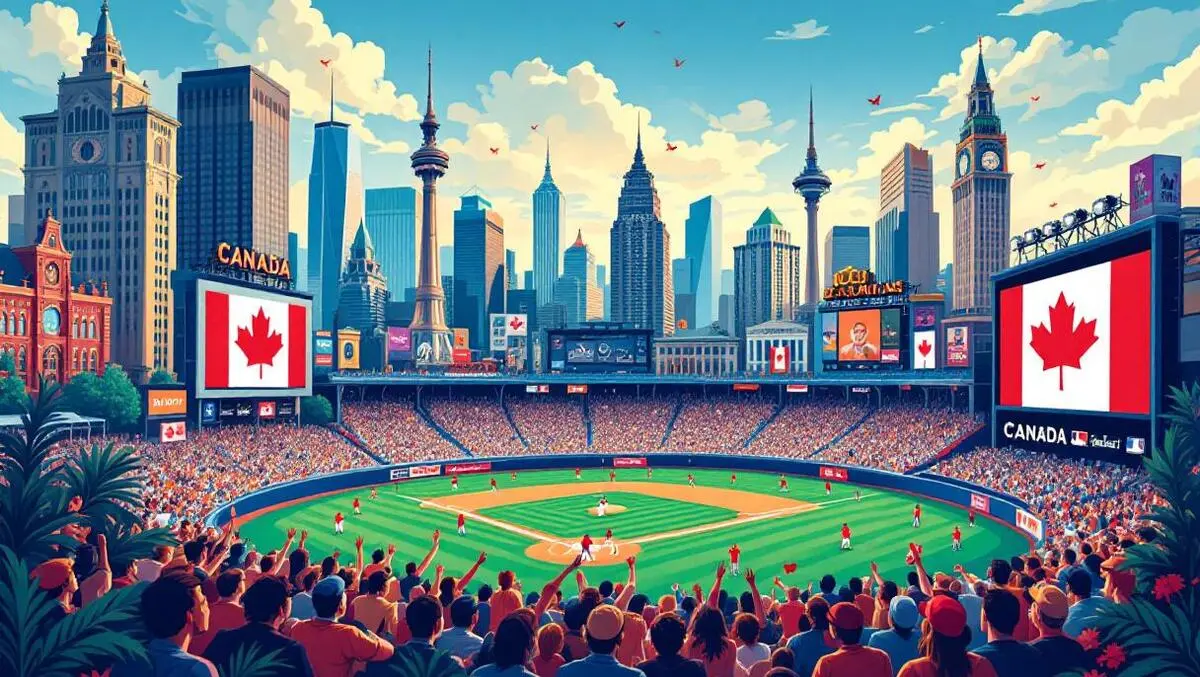 Canadian cityscape baseball big screen music politics national energy